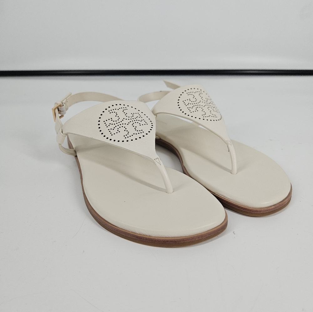 Tory Burch Cream Leather Logo Thong Sandals